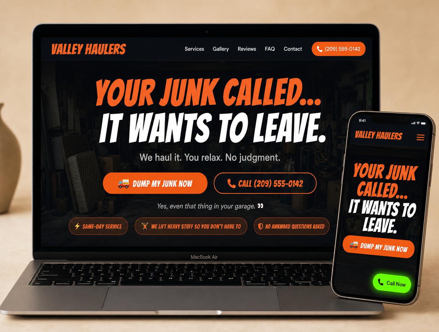 Valley Haulers website mockup — desktop and mobile views, CW Web Design case study
