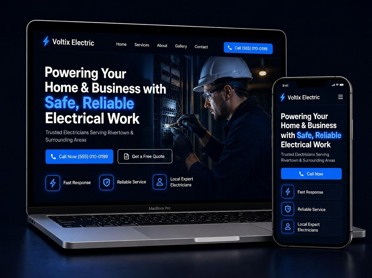 Voltix Electric website mockup — desktop and mobile views, CW Web Design case study